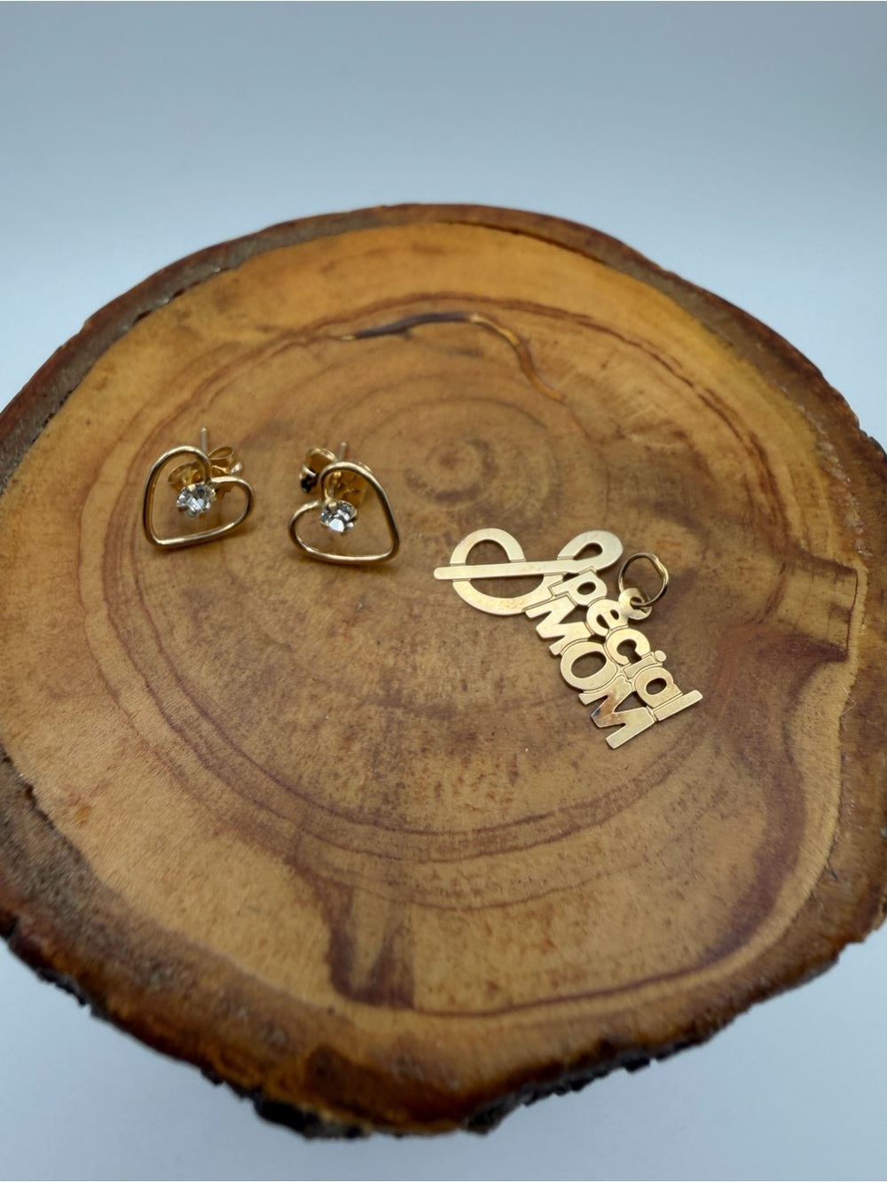 14k Gold Heart Stud Earrings w/Crystal Accent - and 14k Special mom Pendant .7g